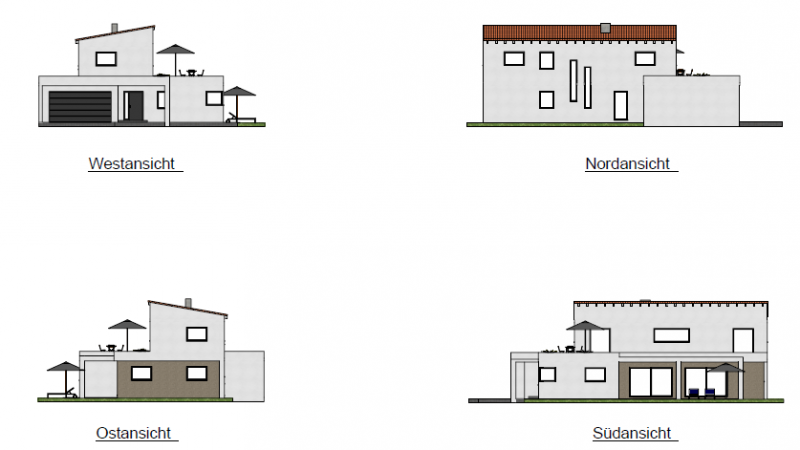 Alle Hausansichten eines Hauses mit Pultdach.